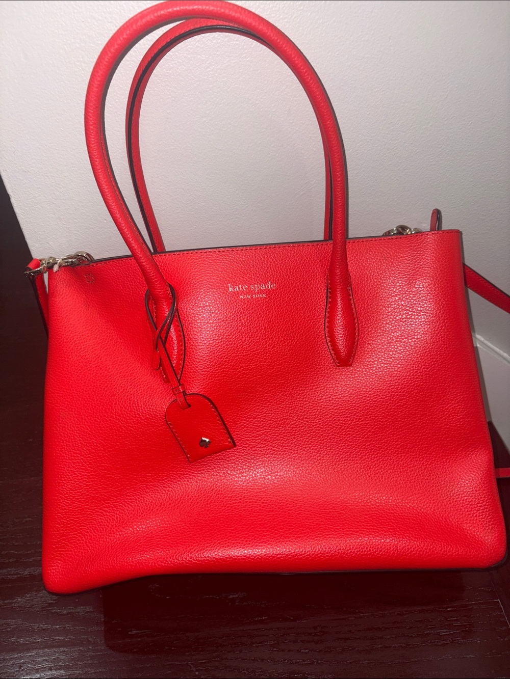 kate spade red pebbled leather tote with top handles